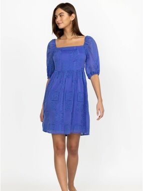 Johnny Was Ella Blue Eyelet Embroidered Puff Sleeve Mini Dress